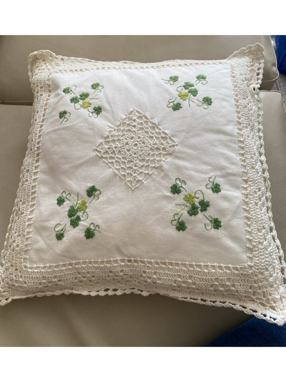 Embroidered Green Shamrock Throw Pillow Crochet Irish Lace Clover Ireland 16x16”
